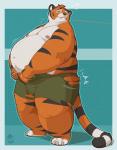 anthro belly belly_jiggle big_belly blush bodily_fluids claws clothed clothing flying_sweatdrops fur jiggling male moobs navel nipples orange_body orange_fur overweight overweight_anthro overweight_male solo standing striped_body striped_fur stripes sweat sweatdrop text thick_thighs toe_claws topless torn_clothing white_body white_fur yuniwolfsky felid mammal pantherine tiger english_text hi_res