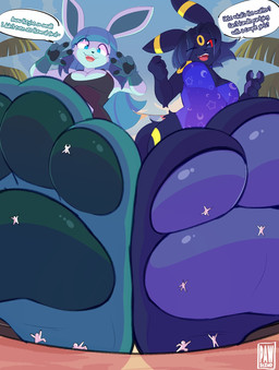 anthro biped black_clothing black_swimwear blue_hair breasts clothing duo feet female foot_focus green_pawpads hair long_hair micro multicolored_body palm_tree pawpads paws plant purple_body purple_clothing purple_hair purple_pawpads purple_swimwear speech_bubble stomping stuck_to_foot swimwear tree two_tone_body p4wsized nintendo pokemon nyx_(p4wsized) eeveelution generation_2_pokemon generation_4_pokemon glaceon pokemon_(species) umbreon hi_res