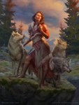 clothing cloud copyright_symbol detailed_background female feral fur group hair outside plant quadruped rock standing symbol text tree anna_stienbauer_(artist) hasbro magic:_the_gathering wizards_of_the_coast arlinn_kord planeswalker canid canine canis human mammal wolf digital_media_(artwork) english_text hi_res official_art signature