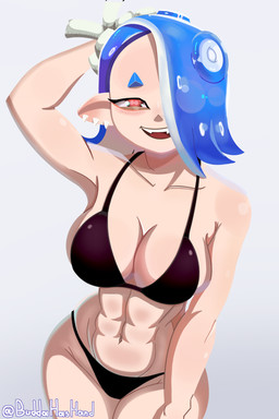abs athletic athletic_female big_breasts bikini black_bikini black_clothing black_swimwear blue_hair breasts clothing ear_piercing eyelashes female front_view grey_background hair hair_over_eyes horizontal_pupils humanoid_pointy_ears looking_at_viewer navel open_mouth open_smile piercing pointy_ears pseudo_hair pupils red_eyes simple_background smile solo swimwear tan_body tan_skin tentacle_hair tentacles thick_thighs two-piece_swimsuit wide_hips budda nintendo splatoon shiver_(splatoon) aquatic cephalopod humanoid mollusk octarian octoling hi_res
