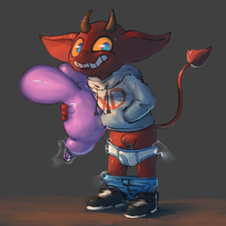 balloon balloon_fetish bite biting_lip bottomwear bottomwear_down briefs briefs_down clothed clothing disembodied_hand footwear freckled_face freckles genitals ghost_hand grey_background hoodie horn humanoid_genitalia humanoid_penis imp_tail inflatable male pants pants_down partially_clothed penis pink_balloon shoes simple_background solo topwear underwear young young_male badipoki imp 1:1 absurd_res hi_res