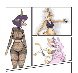 anthro antlers bedroom_eyes beverage big_breasts blonde_hair bottomless breasts clothed clothing ear_piercing facial_piercing female fishnet_clothing fishnet_legwear fishnet_topwear hair hair_over_eye horn legwear long_hair narrowed_eyes nose_piercing nude pasties piercing pink_hair purple_hair seductive short_hair spots tail topwear bbravaa caramel_(bbravaa) kimmy_(bbravaa) phoebe_(bbravaa) polly_(bbravaa) deer felid feline lagomorph mammal colored hi_res