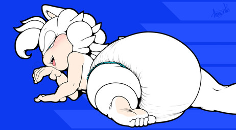 anthro barefoot blue_background blush clothed clothing diaper feces feet female fur hair looking_back lying on_front pooping simple_background soiled_diaper soiling soiling_diaper solo tongue tongue_out unclean_diaper used_diaper using_diaper wearing_diaper white_body white_diaper white_fur white_hair sophiepoof sega sonic_the_hedgehog_(series) fan_character sophie_(argento) eulipotyphlan hedgehog mammal colored hi_res