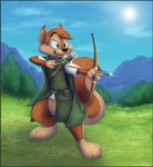 anthro archer border bow_(weapon) fantasy male medieval medieval_clothing ranged_weapon solo weapon yellow_border zenfetcher chestnut_(character) mammal rodent sciurid tree_squirrel absurd_res hi_res