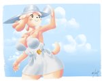 anthro breasts clothed clothing cloud dress female hat headgear headwear smile solo panthera_cantus animal_crossing nintendo isabelle_(animal_crossing) canid canine canis domestic_dog mammal