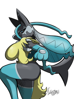 anthro big_breasts blue_body blue_eyes blue_fur breasts eyelashes female female_anthro fur grey_body grey_fur looking_at_viewer side_view simple_background solo thick_thighs white_background wide_hips yellow_body yellow_fur leoposting nintendo pokemon generation_9_pokemon mega_evolution mega_lucario_z pokemon_(species) 3:4 hi_res