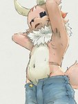 anthro clothed clothing fangs fur half-closed_eyes horn low-angle_view male narrowed_eyes navel open_mouth pink_body pink_fur raised_arms scar shorts_only solo tail teeth topless young young_anthro young_male apluss ponkotsu_quest kaku_(ponkotsu_quest) demon mammal 3:4 hi_res