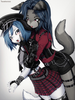 abstract_background anthro black_clothing black_jacket black_topwear blue_eyes blue_hair blush bottomwear clothing cross duo femboy fur hair hand_on_face hat headgear headwear hug hugging_another hugging_from_behind iron_cross jacket male male/male military_cap nazi necktie partieiadler red_eyes skirt tail text topwear totenkopf white_body white_fur conditional_dnp tweenstrip moisha_(tweenstrip) canid canine fox mammal marble_fox red_fox true_fox unknown_species absurd_res english_text hi_res