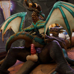 amber_eyes anthro arched_back balls bed bodily_fluids brown_body brown_scales claws cowgirl_position cum cum_in_ass cum_inside cum_on_penis duo ethart from_front_position furniture genital_fluids genitals holding_waist horn jewelry male male/male male_penetrated male_penetrating male_penetrating_male muscular on_bottom on_top penetration penis pillow scales scar sex straddling tail teal_body teal_scales teeth blizzard_entertainment european_mythology mythology warcraft dracthyr dragon mythological_creature mythological_scalie scalie western_dragon 1:1 absurd_res hi_res