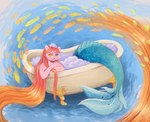 abstract_background bath bathing bubble female hair heterochromia long_hair mermaid_tail mermaidification solo split_form ronnie_ronsam shape_(ronnie_ronsam) domestic_cat felid feline felis fish mammal marine merfolk hi_res