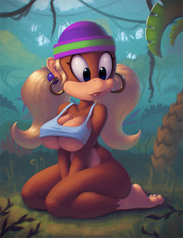 anthro big_breasts biped blonde_hair blue_eyes bottomless breasts cleavage clothed clothing ear_piercing ear_ring female hair hat headgear headwear hoop_ear_ring kneeling piercing pigtails ring_piercing sitting skimpy solo under_boob nitro donkey_kong_(series) nintendo tiny_kong haplorhine kong mammal monkey primate