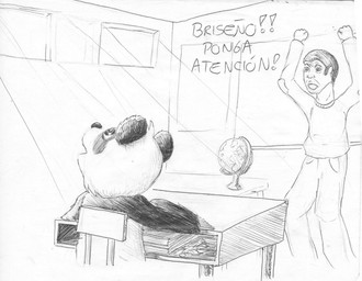 angry anthro classroom daydream duo globe hair head_tuft looking_up male male_anthro male_human open_mouth school short_hair sitting standing text tuft young young_anthro young_male pandapaco parinton bear giant_panda human mammal monochrome sketch translation_request
