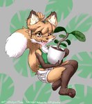 accessory anthro bottomwear brown_body brown_eyes brown_fur clothing dipstick_tail female female_anthro fur gloves_(marking) green_clothing hair headband holding_object leg_markings looking_at_viewer markings one_eye_closed pawpads paws pink_pawpads plant plant_pot potted_plant shirt shorts simple_background sitting socks_(marking) solo tail tail_markings tank_top topwear white_body white_fur conditional_dnp zephyrsplume averi_(fiddleafox) canid canine fox mammal red_fox true_fox hi_res