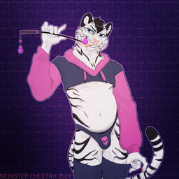 5_fingers anthro biped black_hair black_stripes blue_eyes bulge claws clothed clothed_anthro clothed_male clothing finger_claws fingers front_view fur hair handpaw holding_object legwear looking_at_viewer male markings navel panties paws smile solo standing striped_body striped_fur striped_markings striped_tail stripes tail tail_markings teeth thigh_highs tongue topwear underwear white_body white_fur white_tail monstercheetah meme_clothing paggi_outfit felid mammal pantherine tiger 1:1 2025 digital_media_(artwork) hi_res meme