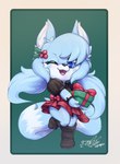 anthro big_tail blouse blue_body blue_eyes blue_fur bottomwear chibi clothed clothing female fur gift legwear skirt stockings tail topwear gingy_k_fox ailurid mammal red_panda hi_res