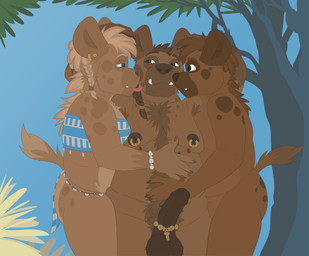 accessory anthro armpit_hair balls big_balls blue_eyes body_hair brown_balls brown_body brown_eyes brown_fur brown_hair brown_penis brown_spots butt chest_hair chest_tuft clothed clothing day dipstick_tail erection fur genitals gloves_(marking) green_eyes group group_hug hair hug hugging_another jewelry licking male male/male markings moobs narrowed_eyes necklace nipple_piercing nipple_ring nipples nude nude_anthro nude_male outside overweight overweight_anthro overweight_male penis penis_accessory penis_jewelry phallic_symbol piercing plant plantigrade ring_piercing skimpy snaggle_tooth spots spotted_body standing stubble tail tail_markings tan_body tan_fur tan_hair tongue tongue_out tree trio tuft bolt_carrier hyena mammal spotted_hyena absurd_res hi_res