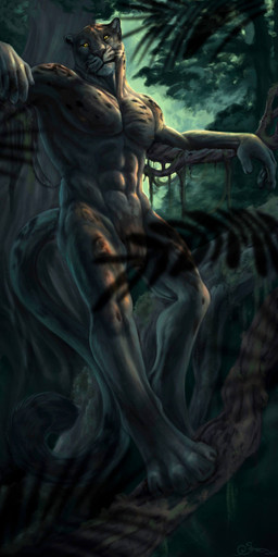 4_toes abs anthro arm_on_object biped black_body black_fur black_lips black_nose black_pawpads black_spots day depth_of_field digitigrade feet fingers flaccid forest fur genitals head_tilt in_tree jungle leaning_against_tree lips looking_at_viewer male melanistic muscular muscular_anthro muscular_male navel nude outside pawpads paws pecs penis plant retractable_claws serratus snout solo spots standing tail toes tree whiskers yellow_eyes steelsart felid jaguar mammal pantherine 1:2 2025 absurd_res detailed hi_res painting_(artwork) shaded signature traditional_media_(artwork)