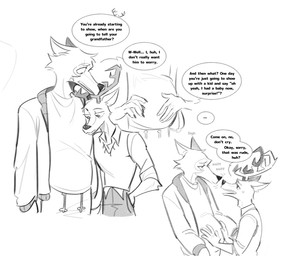 anthro antlers belly big_belly bodily_fluids bottomwear claws clothing comforting_another dialogue duo facial_scar fur hand_in_pocket hand_on_belly horn jacket male male/male pants pockets predator/prey pregnant pregnant_male scar shirt sighing sniffing speech_bubble sweat sweatdrop tears text topwear vest viat_on beastars legoshi_(beastars) louis_(beastars) canid canine canis deer mammal wolf 2024 english_text hi_res monochrome sketch_page