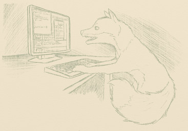 computer desk dipstick_tail electronics feral fur furniture keyboard male markings monitor multicolored_tail nude open_mouth side_view simple_background solo table tail tail_markings white_background petrock tonythefox canid canine fox mammal 2013 monochrome sketch