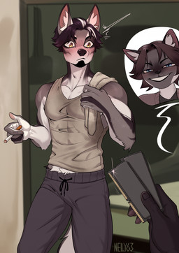 anthro biped blush bottomwear cigarette clothed clothed_anthro clothed_male clothing duo female fingers fully_clothed fully_clothed_anthro fully_clothed_male fur hair male male_focus random_access_memory smile tail topwear nelly63 nitef_(nelly63) owen_(nelly63) canid canine canis domestic_cat domestic_dog felid feline felis mammal 2025 digital_drawing_(artwork) digital_media_(artwork) hi_res