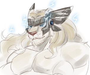 alternate_species anthro blonde_hair blue_eyes brown_nose closed_smile clothing electricity electricity_manipulation elemental_manipulation featureless_chest fur furrification grey_clothing grey_headwear hair headgear headgear_only headwear headwear_only lidded_eyes light long_hair male male_anthro mostly_nude mostly_nude_anthro mostly_nude_male mouth_closed muscular muscular_anthro muscular_arms muscular_male pecs simple_background smile solo wavy_hair white_background white_body white_fur angellumen european_mythology mythology norse_mythology thor_(deity) deity felid hybrid lion mammal pantherine 2025 bust_portrait colored digital_drawing_(artwork) digital_media_(artwork) english_description lighting portrait shaded