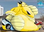 butt car claws crush female green_eyes horn morbidly_obese obese overweight scales tail vehicle yellow_body yellow_claws yellow_scales sr71beta mythology dragon mythological_creature mythological_scalie scalie hi_res