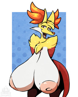 ahoge anthro areola big_areola big_breasts blush breasts female female_anthro fur hair half-closed_eyes hanging_breasts happy head_tuft huge_breasts inner_ear_fluff looking_at_viewer multicolored_body multicolored_fur narrowed_eyes nipples open_mouth orange_body orange_eyes orange_fur pink_areola pink_nipples red_body red_fur sagging_breasts slim solo tail tongue tuft yellow_body yellow_fur iniquity nintendo pokemon delphox generation_6_pokemon pokemon_(species) hi_res watermark