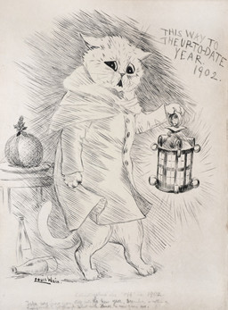 ambiguous_gender anthro barefoot biped bottle bottomless clothed clothing container digitigrade feet handpaw holding_object holidays lamp lantern open_mouth paws semi-anthro solo text whiskers worried louis_wain license_info new_year public_domain domestic_cat felid feline felis mammal 1901 20th_century ancient_art archived_source english_text greyscale monochrome signature traditional_media_(artwork)