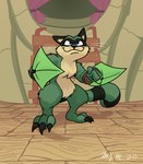 anthro biped black_nose claws curtains female forest fur green_body green_fur holding_object holding_weapon ladder outside plant solo standing toe_claws tree weapon johnnythecheesy rivals_of_aether maypul mammal procyonid raccoon digital_media_(artwork) hi_res