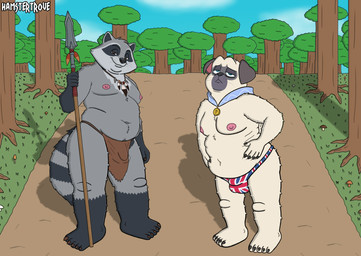 anthro anthrofied balls balls_outline barely_visible_balls barely_visible_genitalia belly bottomwear bulge clothing detailed_bulge duo genital_outline genitals grey_body loincloth male male/male moobs navel nipples penis_outline slightly_chubby smile standing hamstertrove pocahontas meeko_(disney) percy_(pocahontas) canid canine canis domestic_dog mammal procyonid raccoon 2026 hi_res