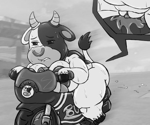 accidental_masturbation anthro areola aroused beady_eyes big_breasts bite biting_lip biting_own_lip black_eyes bodily_fluids breasts butt clenched_teeth clitoris close-up cutaway detailed_background dot_eyes facial_piercing female fur genital_fluids genitals hooves horn looking_back markings motion_lines motorcycle narrowed_eyes nipples nose_piercing nose_ring outside piercing riding_motorcycle ring_piercing road self_bite simple_eyes sitting solo spots spotted_body spotted_fur sweat sweatdrop tail tail_tuft teeth text tuft vaginal_fluids vaginal_fluids_puddle vehicle vulva insecureflaky mario_bros mario_kart mario_kart_world nintendo moo_moo_meadows_cow bovid bovine cattle dairy_cattle holstein_friesian_cattle mammal 2025 artist_name dated monochrome signature