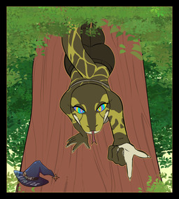 black_border border bottomwear clothing denim denim_bottomwear denim_clothing female hypnosis hypnotic_eyes jeans mind_control pants plant tree trevhart reptile scalie snake absurd_res hi_res