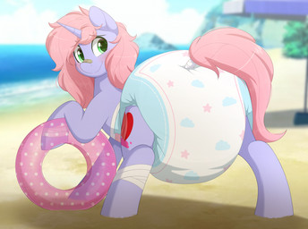 band-aid band-aid_on_face band-aid_on_nose bandage bandage_on_face bandage_on_nose bandaged_leg beach big_diaper blush clothed clothing cutie_mark diaper diaper_fetish diaper_only female feral green_eyes hair horn inflatable inner_tube looking_at_viewer pattern_diaper pink_hair pink_tail purple_body solo tail topless wearing_diaper shuphle hasbro my_little_pony mythology fan_character equid equine mammal mythological_creature mythological_equine unicorn hi_res