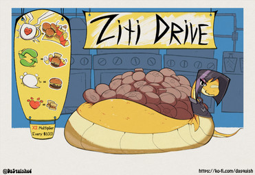 apode black_clothing black_hair black_shirt black_topwear clothing donation_drive feederism female feral food hair inside interaction_drive legless overweight overweight_female overweight_feral serpentine shirt solo text topwear yellow_body dasquished_(artist) ziti_(dasquished) draconcopode naga reptile scalie snake 2025 comic hi_res url