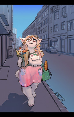 anthro bag baguette banana beverage black_bars bread city clothed clothing delis detailed_background dress female food fruit fur hair looking_up open_mouth orange_(fruit) outside plant teeth walking daria_arbuz felid feline mammal letterbox