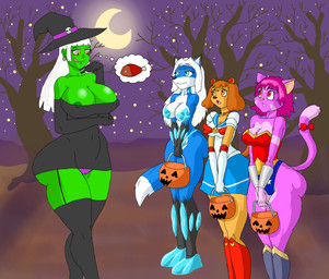 5_fingers anthro big_breasts blue_body blue_eyes blue_fur bow_ribbon breasts brown_eyebrows brown_hair butt clothed clothing costume crescent_moon dipstick_ears dipstick_tail dress ear_markings eyebrows female fingers food fur gloves gloves_(marking) green_body green_nipples group hair halloween_costume handwear hat headgear headwear holding_object holidays leg_markings leggings legwear leotard markings meat moon multicolored_body multicolored_ears multicolored_fur nervous night nipple_slip nipples open_mouth orange_eyes outside panties pink_body pink_eyebrows pink_fur pink_hair plant red_eyes sky socks_(marking) standing star starry_sky tail tail_markings tan_body tan_fur tongue tongue_out tree underwear white_eyebrows white_hair witch_hat yellow_eyes cookingart halloween canid canine domestic_cat felid feline felis human mammal hi_res shaded
