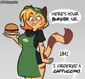 anthro apron biped blep blonde_hair blue_eyes blush breasts burger claws closed_smile clothing dialogue eyebrow_through_hair eyebrows eyelashes eyelashes_through_hair fangs female female_anthro finger_claws food fur furgonomic_hat furgonomic_headwear furgonomics hair hat headgear headwear linked_speech_bubble markings mole_under_eye mouth_closed pink_nose smile snout solo speech_bubble striped_body striped_fur striped_markings striped_tail stripes tail tail_markings tan_body tan_fur teeth text tongue tongue_out toony translucent translucent_hair psicoyote cassandra_(psicoyote) domestic_cat felid feline felis mammal 2026 artist_name english_text hi_res