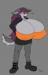 anthro big_breasts biped black_nose blush boots bottomwear breasts bulging_breasts cleavage cleavage_overflow clothed clothing female footwear fur grey_background grey_body grey_fur grey_tail hair huge_breasts hyper hyper_breasts jacket long_hair muffin_top_(general_use) muffin_top_(topwear) open_clothing open_jacket open_topwear pink_hair shoes simple_background skirt solo standing tail topwear two_tone_tail white_tail vant_talon nova_casperia canid canine canis mammal wolf absurd_res full-length_portrait hi_res portrait