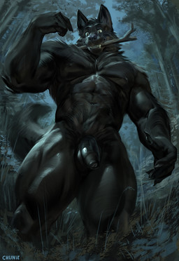 abs anthro average_penis balls black_balls black_body black_fur black_penis casual_nudity claws detailed_background fangs fingers flaccid foreskin forest fur genitals glans humanoid_genitalia humanoid_penis looking_at_viewer low-angle_view male mouth_hold muscular muscular_anthro muscular_male muscular_thighs navel night nipples nude nude_anthro nude_male outdoor_nudity outside partially_retracted_foreskin penis plant playing_fetch pubes realistic_penis_size smile solo standing stick stick_in_mouth teeth thick_foreskin thick_thighs tree urethra chunie mythology canid canine canis mammal mythological_canine mythological_creature werecanid werecanine werecreature werewolf wolf 2021 adobe_photoshop_(artwork) digital_media_(artwork) digital_painting_(artwork) hi_res painting_(artwork)