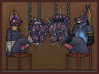 5_toes ankles_tied anthro areola balls barefoot bdsm black_body bodily_fluids bondage bound brush chain chained chair clenched_teeth collar cuff_(restraint) cum cumshot dungeon duo egg_vibrator ejaculation erection feet foot_fetish fur furniture genital_fluids genitals hands-free hands_behind_back hands_tied hands_tied_behind_back humanoid_feet humanoid_genitalia humanoid_penis laugh leather leather_cuffs legs_up looking_pleasured male metal_collar nipple_fetish nipple_play nipples nude open_mouth orgasm orgasm_face penile penis plantigrade restraints rope sex_toy sitting smile soles submissive submissive_male tears teeth tickle_torture tickling tickling_feet tickling_genitalia tickling_nipples tickling_penis toe_restraints toes toes_tied toothbrush vibrator vibrator_on_penis wu_capy dislyte egyptian_mythology lilith_games middle_eastern_mythology mythology drew_(dislyte) anubian_jackal canid canine canis jackal mammal digital_media_(artwork) hi_res