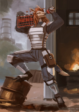 anthro armor beverage beverage_bottle bottle bottomwear brown_hair city city_background claws clothed clothing container digitigrade drinking eyes_closed female fire footwear fur gloves hair handwear pants pouch_(clothing) shirt shoes sickle_claw smile soda soda_bottle solo standing tail tan_body tan_fur thigh_pouch toe_claws topwear kronte tavi_(maaarked_one) furred_scalie hilachev scalie digital_media_(artwork) hi_res