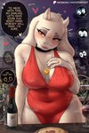 alcohol anthro beverage big_breasts biped blue_eyes blush bodily_fluids breasts clothed clothing deep_navel eyebrows eyelashes female food front_view half-closed_eyes horn looking_at_viewer mature_anthro mature_female narrowed_eyes navel navel_outline nipple_outline red_clothing slightly_chubby slightly_chubby_anthro slightly_chubby_female solo sweat text thick_thighs wide_hips wine wine_bottle conditional_dnp whisperfoot undertale_(series) toriel boss_monster_(undertale) mammal 2025 alternate_version_at_paywall artist_name digital_media_(artwork) english_text hi_res