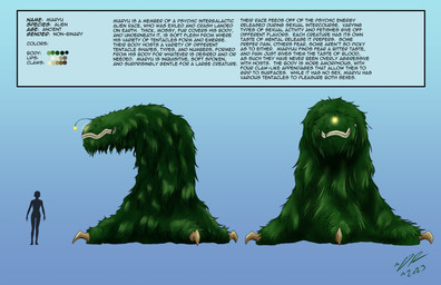 ambiguous_gender character_description comparing eyeless feet fur green_body green_fur lips smile solo species_information talons text toes dr_artist miaryu_(dr_artist) alien absurd_res colored dated english_text hi_res signature