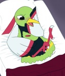 ambiguous_gender animal_genitalia avian_feet beak bed blush cloaca feathers feet feral furniture genitals horizontal_cloaca solo tail tail_feathers talons toes afterglow_ampharos nintendo pokemon avian bird generation_2_pokemon pokemon_(species) xatu