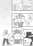 anthro canid canine canis cellphone chest_tuft clothing comic cotton_(artist) dialogue domestic_dog electronics english_text felid fukuzawa fur greyscale lion male mammal monochrome nitobe pantherine phone text tooboe_bookmark tuft