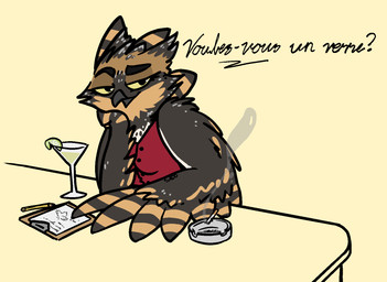 alcohol anthro ashtray bar beak bedroom_eyes beverage breasts cigarette clipboard clothed clothing cocktail container cup drinking_glass feathers female flirting flirting_with_viewer food fruit fur glass glass_container glass_cup half-closed_eyes lime looking_at_viewer mature_anthro mature_female narrowed_eyes open_beak open_mouth paper pencil_(object) plant resting_on_arm seductive semi-anthro simple_background smile smoke solo text topwear winged_arms wings bizart elaine_(bizart) avian bird owl pygmy_owl true_owl 2025 aliasing digital_media_(artwork) french_text hi_res translated