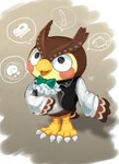 anthro bottomless bow_tie brown_body brown_clothing brown_jacket brown_topwear clothed clothing green_bow_tie iconography jacket male open_mouth ruffled_collar shirt simple_background smile solo speech_bubble standing tan_background topwear white_clothing white_shirt white_topwear neocerapaima animal_crossing nintendo blathers_(animal_crossing) 2021 full-length_portrait hi_res portrait