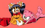 5_toes anthro barefoot black_hair clothed clothing duo feet female green_eyes hair laugh pink_body soles tickling tickling_feet toe_restraints toes toes_tied deepcreases sega sonic_the_fighters sonic_the_hedgehog_(series) amy_rose honey_the_cat domestic_cat eulipotyphlan felid feline felis hedgehog mammal hi_res