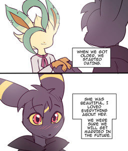 2_panel_comic anthro black_body black_clothing black_fur black_hair black_hoodie black_nose black_text black_topwear blush blush_lines brown_inner_ear closed_smile clothed clothing dipstick_ears duo ear_markings female fur green_body hair hand_holding happy head_tuft hoodie looking_at_another male markings mouth_closed multicolored_ears pink_clothing red_eyes ring_(marking) romantic romantic_couple simple_background smile tan_body tan_fur text text_box topwear tuft white_background yellow_body yellow_fur yellow_sclera odeko-yma nintendo pokemon lucky_(odeko-yma) eeveelution generation_2_pokemon generation_4_pokemon leafeon pokemon_(species) umbreon 2026 comic english_text hi_res