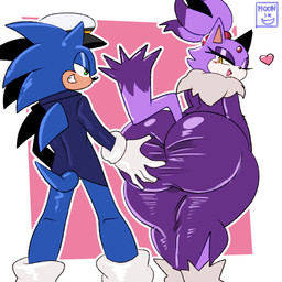 alternate_costume anthro big_butt blue_body blue_fur blush butt butt_grab clothing coat dress duo female fur green_eyes hair half-closed_eyes hand_on_butt hat headgear headwear heart_symbol hero huge_butt lidded_eyes looking_back male male/female narrowed_eyes ponytail princess purple_body purple_fur raised_tail royalty smile tail thick_thighs topwear wide_hips yellow_eyes moonix_xero sega sonic_the_hedgehog_(series) the_murder_of_sonic_the_hedgehog blaze_the_cat sonic_the_hedgehog domestic_cat eulipotyphlan felid feline felis hedgehog mammal 1:1 2026 absurd_res hi_res